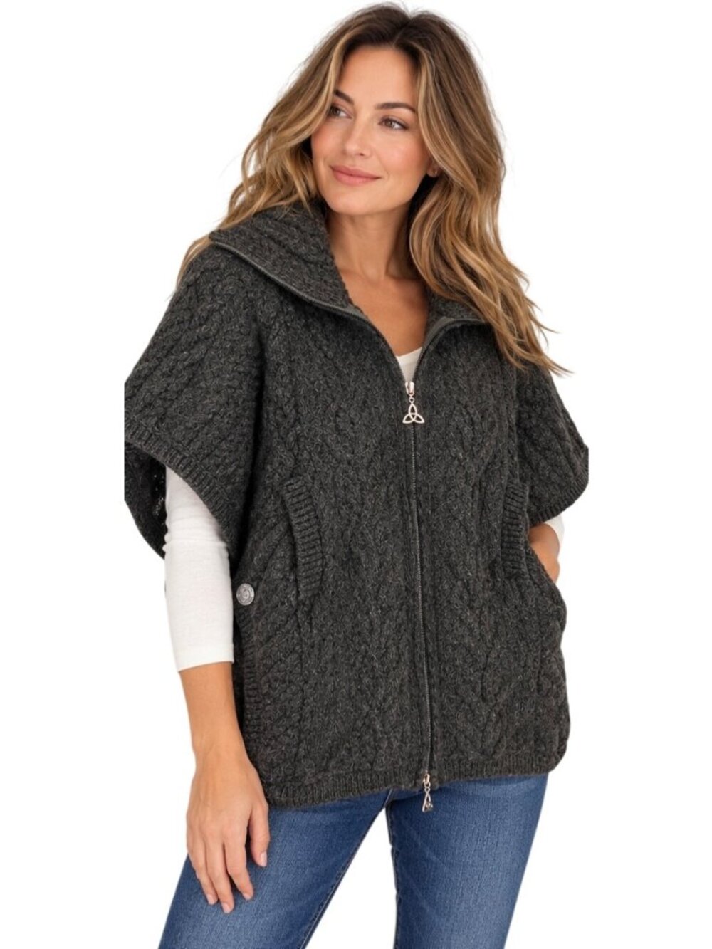 Dram Crafts Ireland 100% Merino Wool Aran Cable Knit Poncho Cardigan Gray M/L